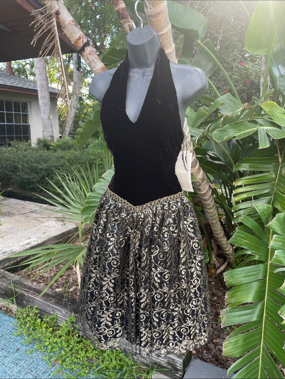 vintage black velvet and gold lace drop waste halter dress